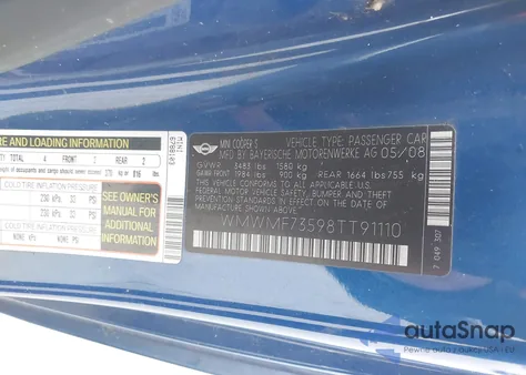 2008 Mini Cooper S from USA, damaged, VIN WMWMF73598TT91110